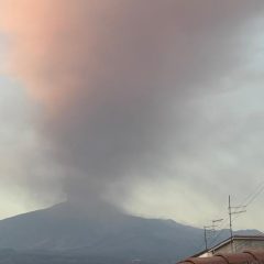Etna in attività. L’imponente colonna di fumo e cenere vista da Adrano