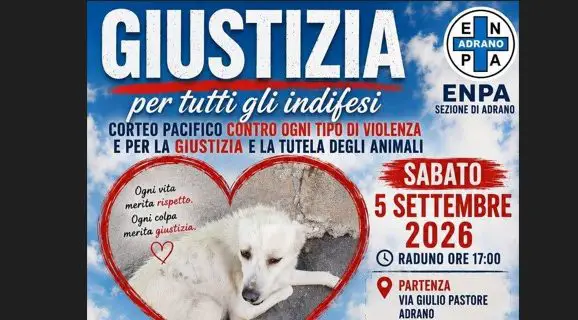 Adrano. Sabato 5 settembre 2026 iniziativa Enpa per la giustizia e la tutela degli animali